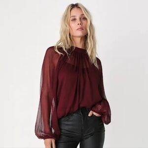 Lulu's Burgundy Sheer Sleeve‎ Blouse